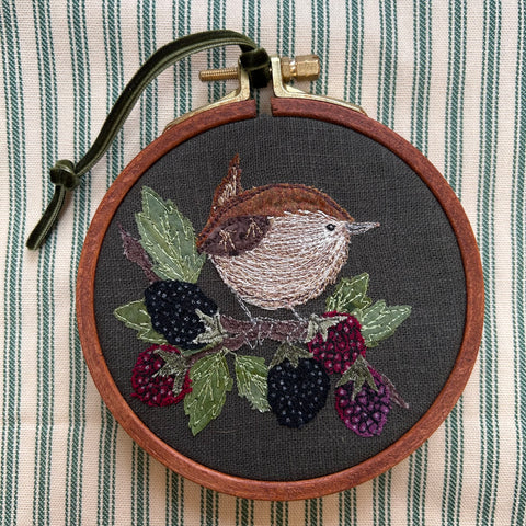 “Foraging." Little wren on blackberries embroidered picture.