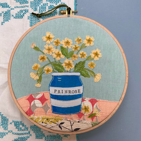 Primrose Embroidery - Hooped picture.