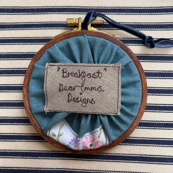 “Breakfast” Blue bird on a milk bottle embroidered picture.