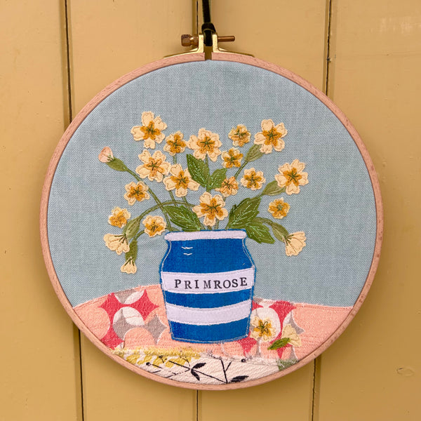 Primrose Embroidery - Hooped picture.