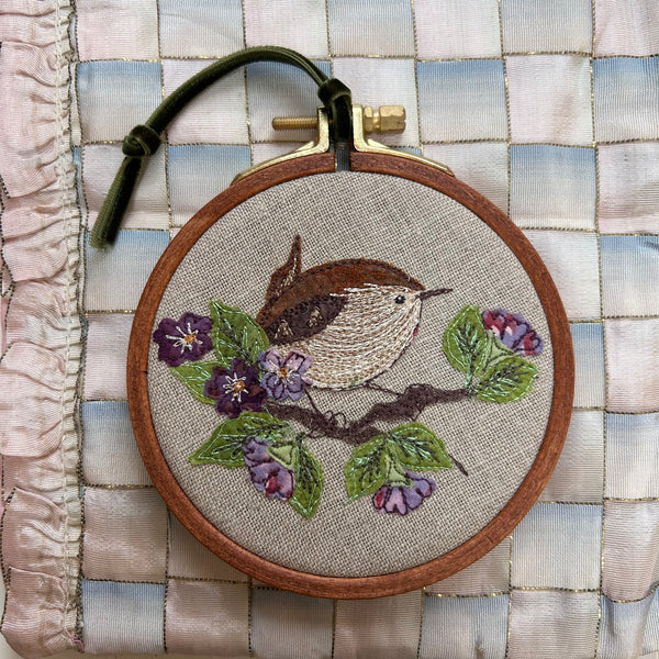 “Springtime” Little wren on blossom embroidered picture.