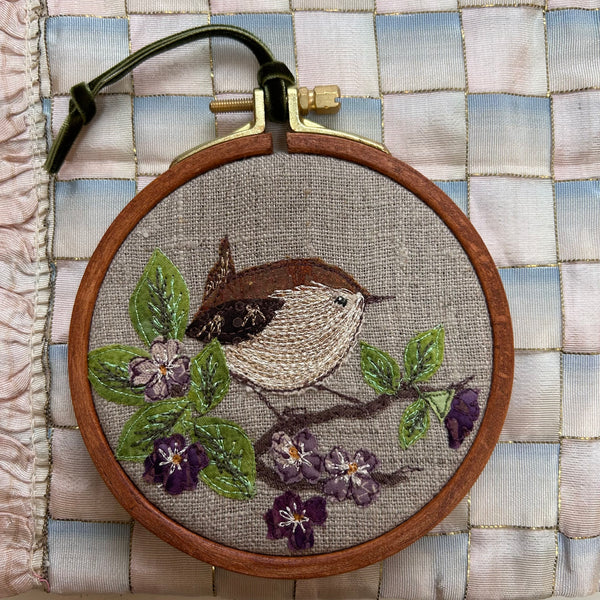 “Springtime” Little wren on blossom embroidered picture.