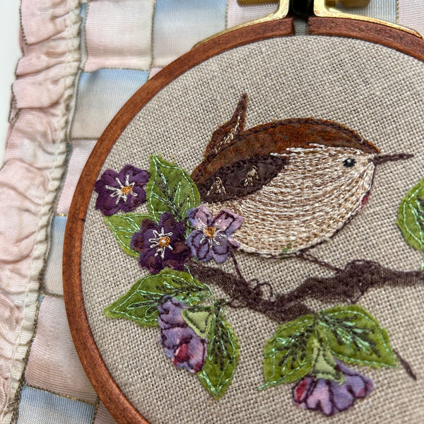 “Springtime” Little wren on blossom embroidered picture.