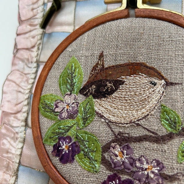 “Springtime” Little wren on blossom embroidered picture.