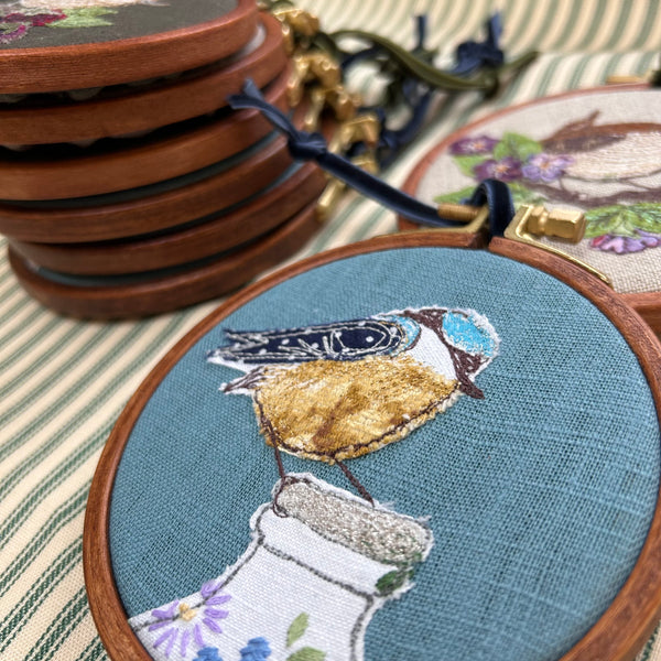 “Breakfast” Blue bird on a milk bottle embroidered picture.