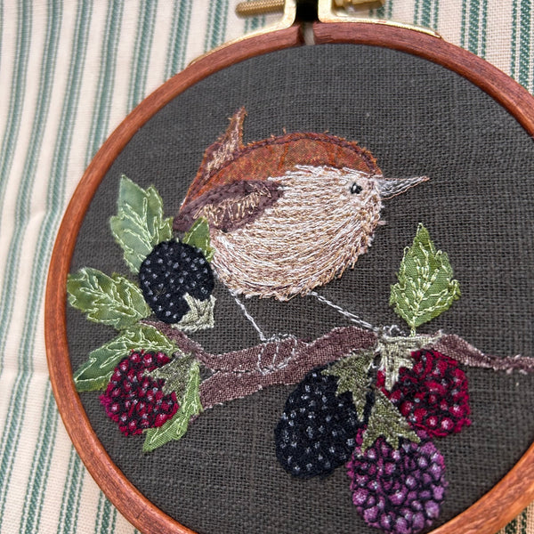 "Foraging" Little wren on blackberries embroidered picture.