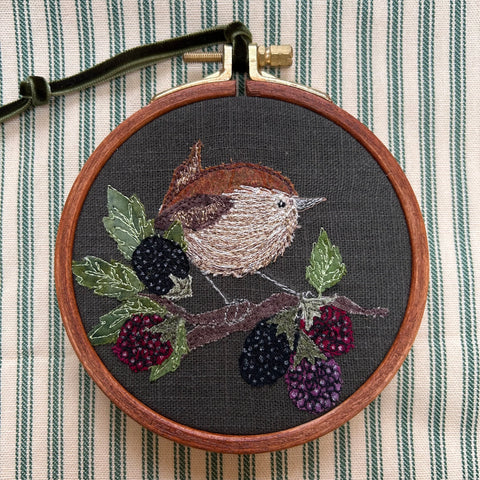 "Foraging" Little wren on blackberries embroidered picture.