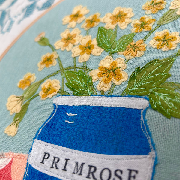 Primrose Embroidery - Hooped picture.