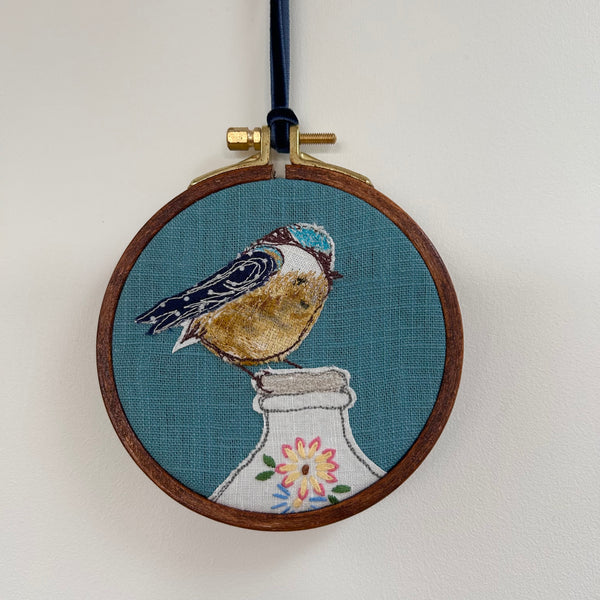 “Breakfast” Blue bird on milk bottle embroidered picture.