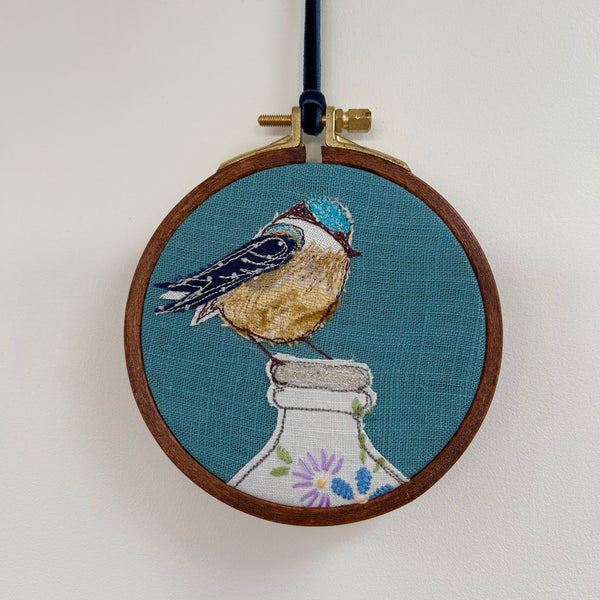 “Breakfast” Blue bird on a milk bottle embroidered picture.