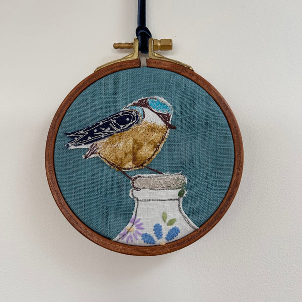 “Breakfast” Blue bird on a milk bottle embroidered picture.