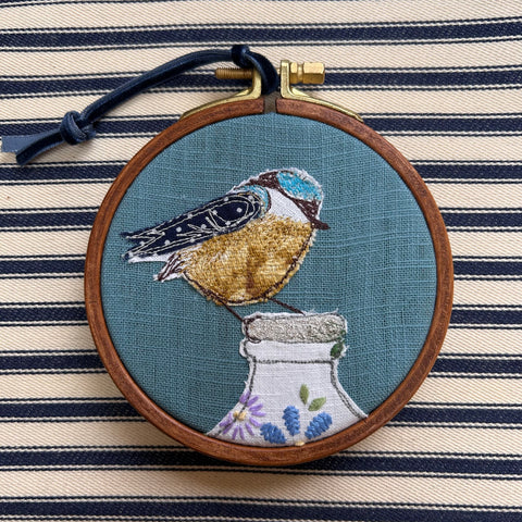 “Breakfast” Blue bird on a milk bottle embroidered picture.