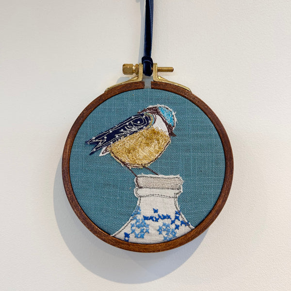 “Breakfast” Blue bird on milk bottle embroidered picture.